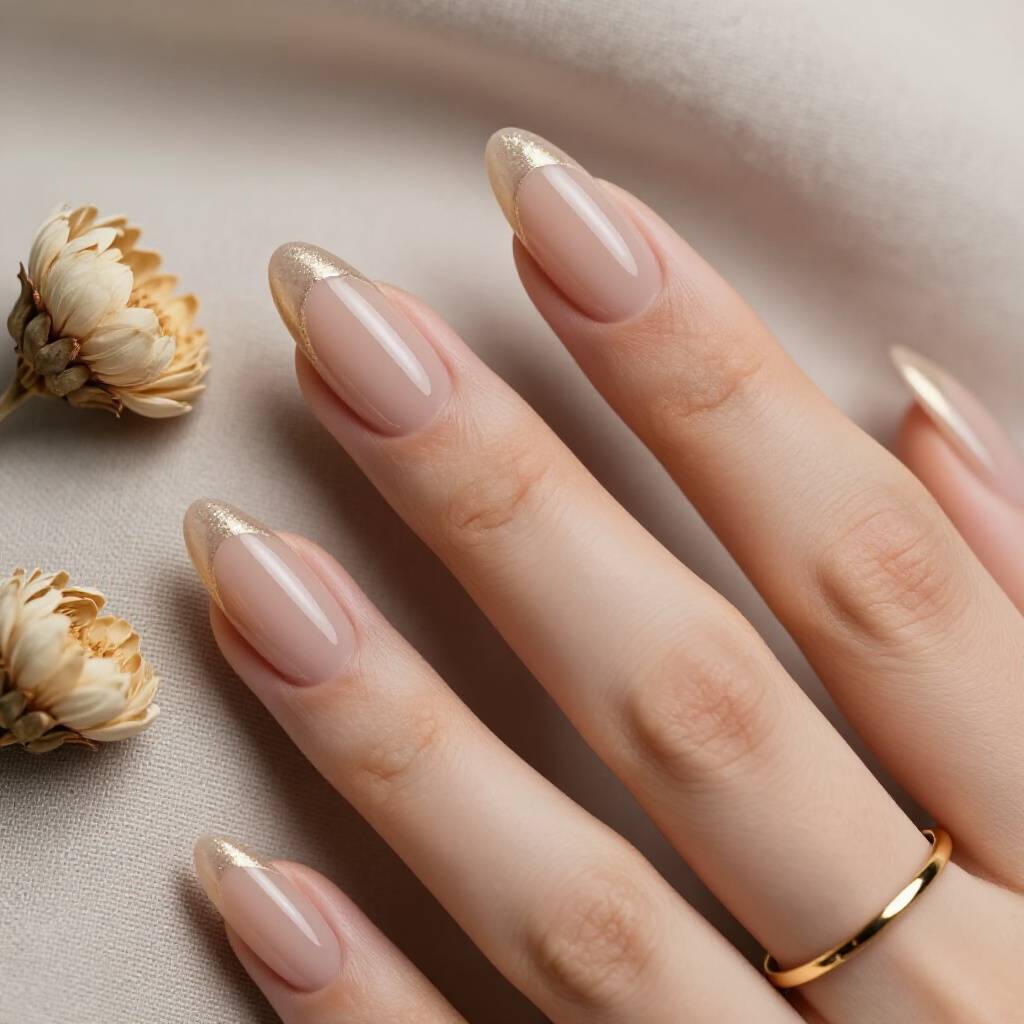 Glossy Beige Nude Almond Marble with Delicate Copper Wire Accents - nude almond marble nails