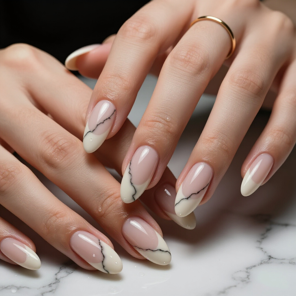 Gradient Nude Almond Marble Effect from Sheer to Opaque - nude almond marble nails