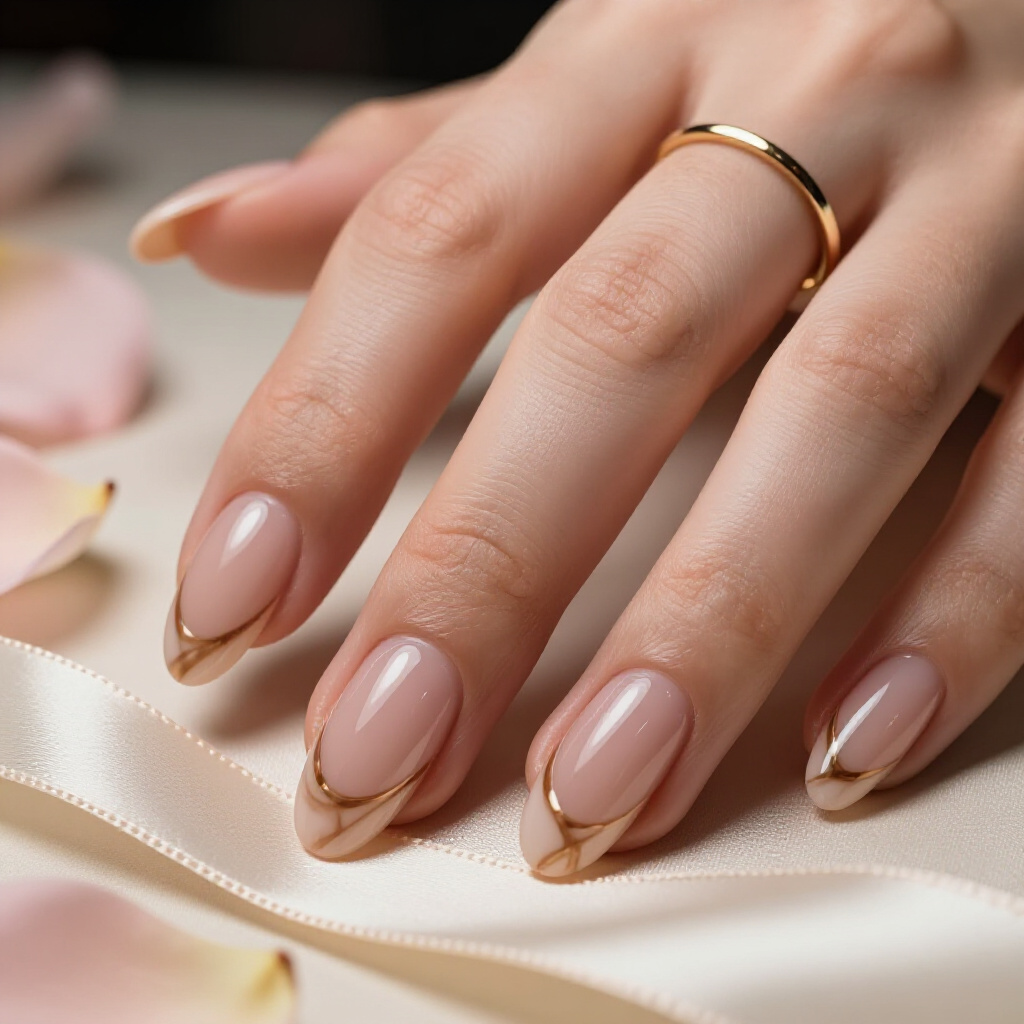 Soft Peach and Cream Marbling on a Natural Nude Almond Base - nude almond marble nails