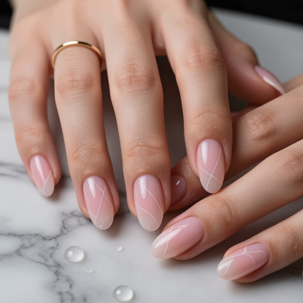 Gradient Pink Blush with Swirling White Marble Almond Elegance - pink almond classy marble nails