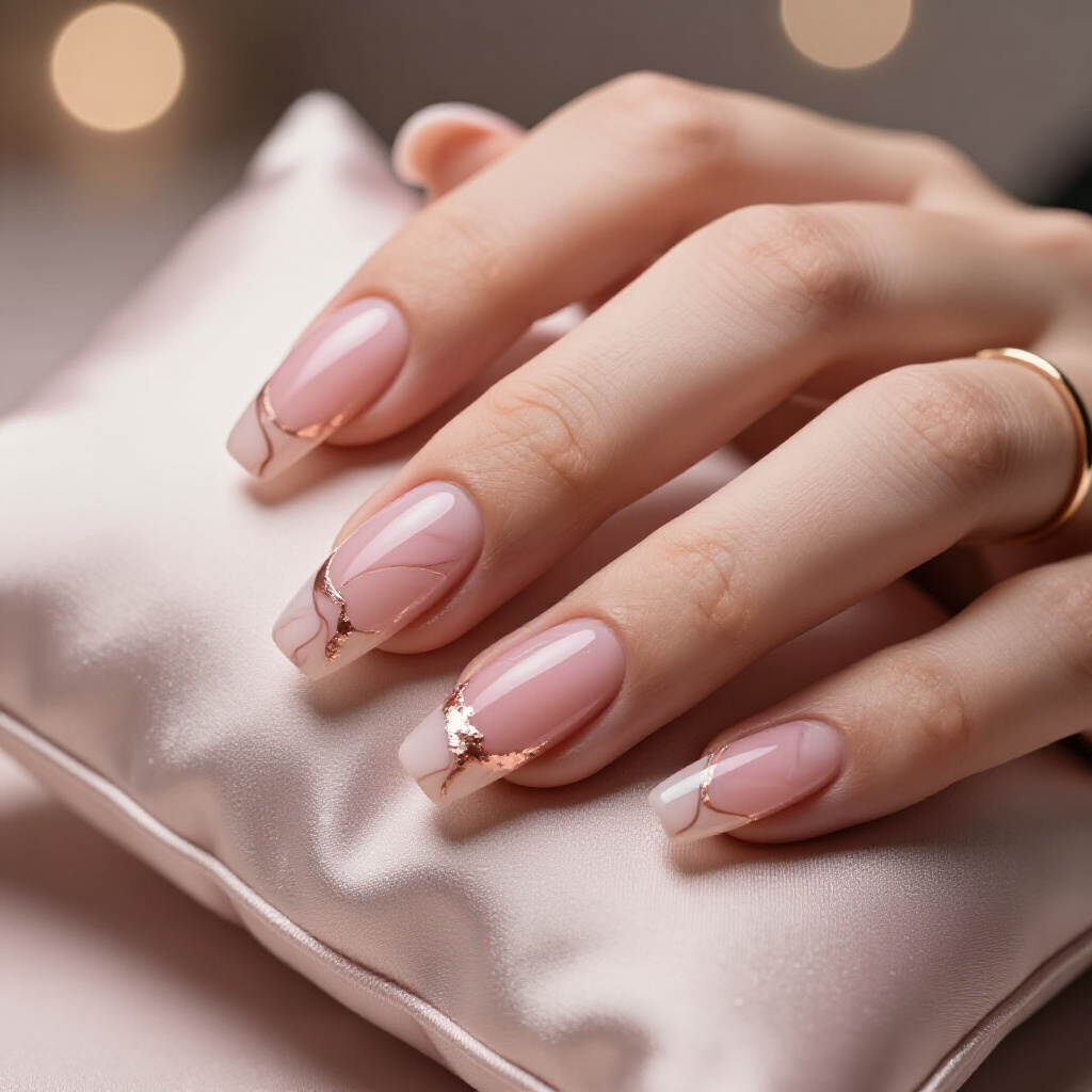 Rose Gold Flecked Pink Marble Almond Nails for a Touch of Glamour - pink almond classy marble nails