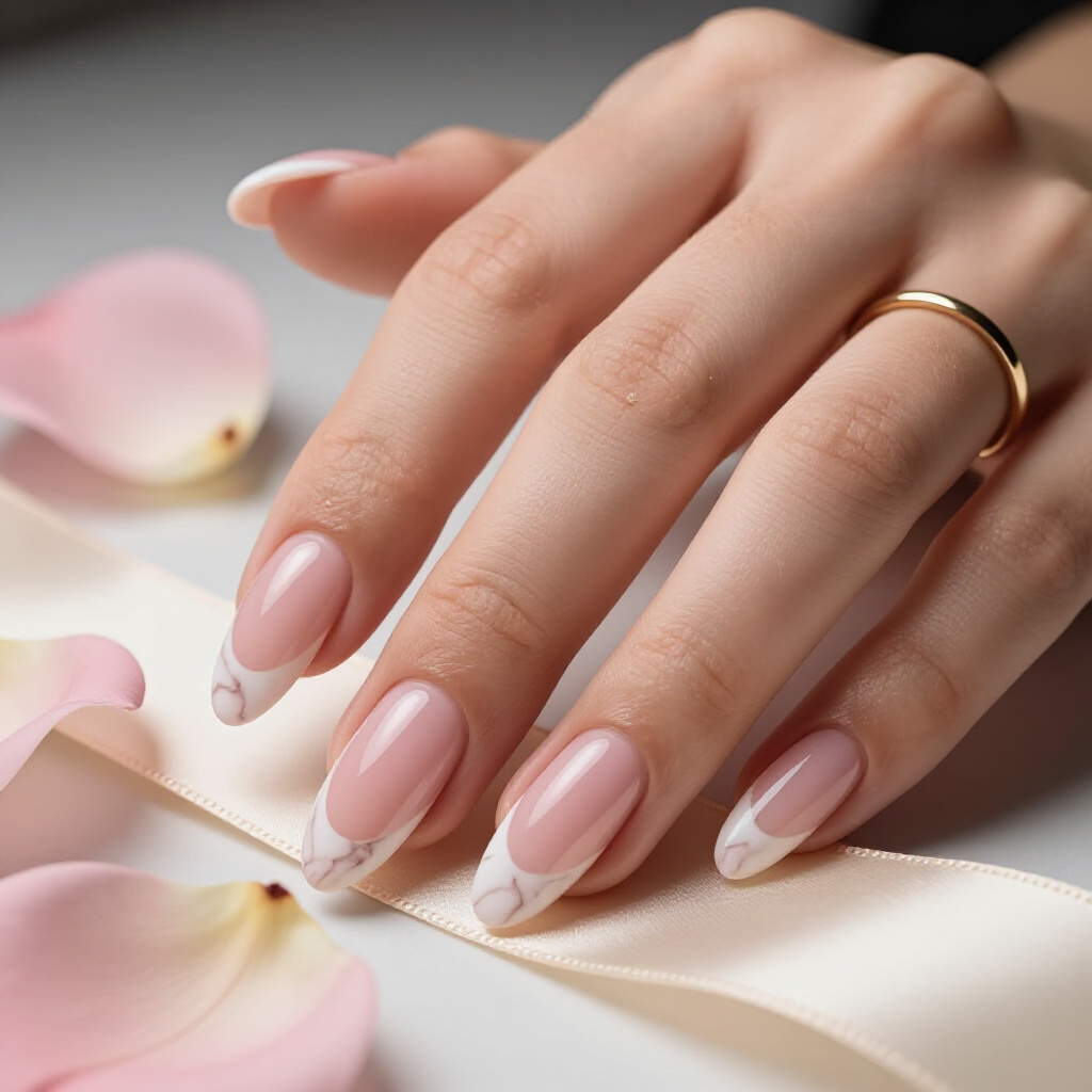 Soft Pastel Pink Marble with Subtle Gold Leaf Inclusions - pink almond classy marble nails