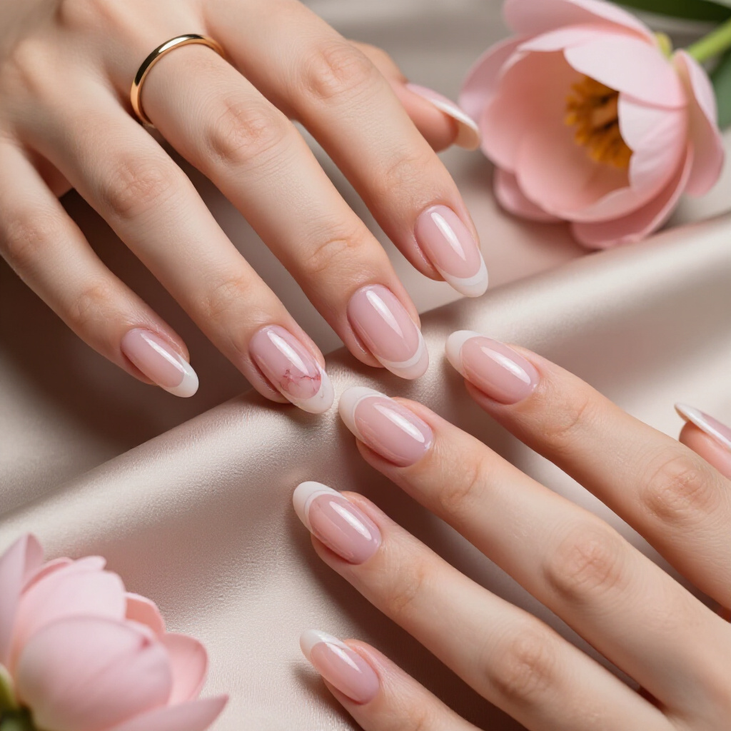 Milky Pink Base with Abstract Grey and White Marble Swirls - pink almond classy marble nails