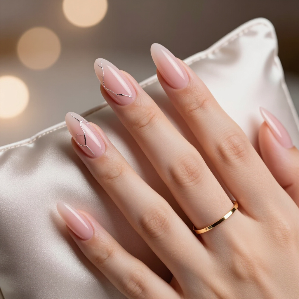 Blush Pink Marble with Subtle Holographic Accents on Almond Shape - pink almond classy marble nails