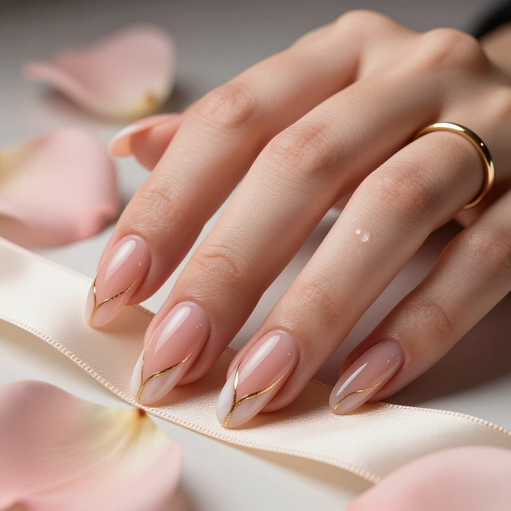 Peach Pink Marble with Gold Foil Accents for Warm Sophistication - pink almond classy marble nails