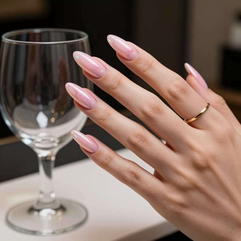 Metallic Rose Gold Marble on a Soft Pink Almond Base - pink almond classy marble nails