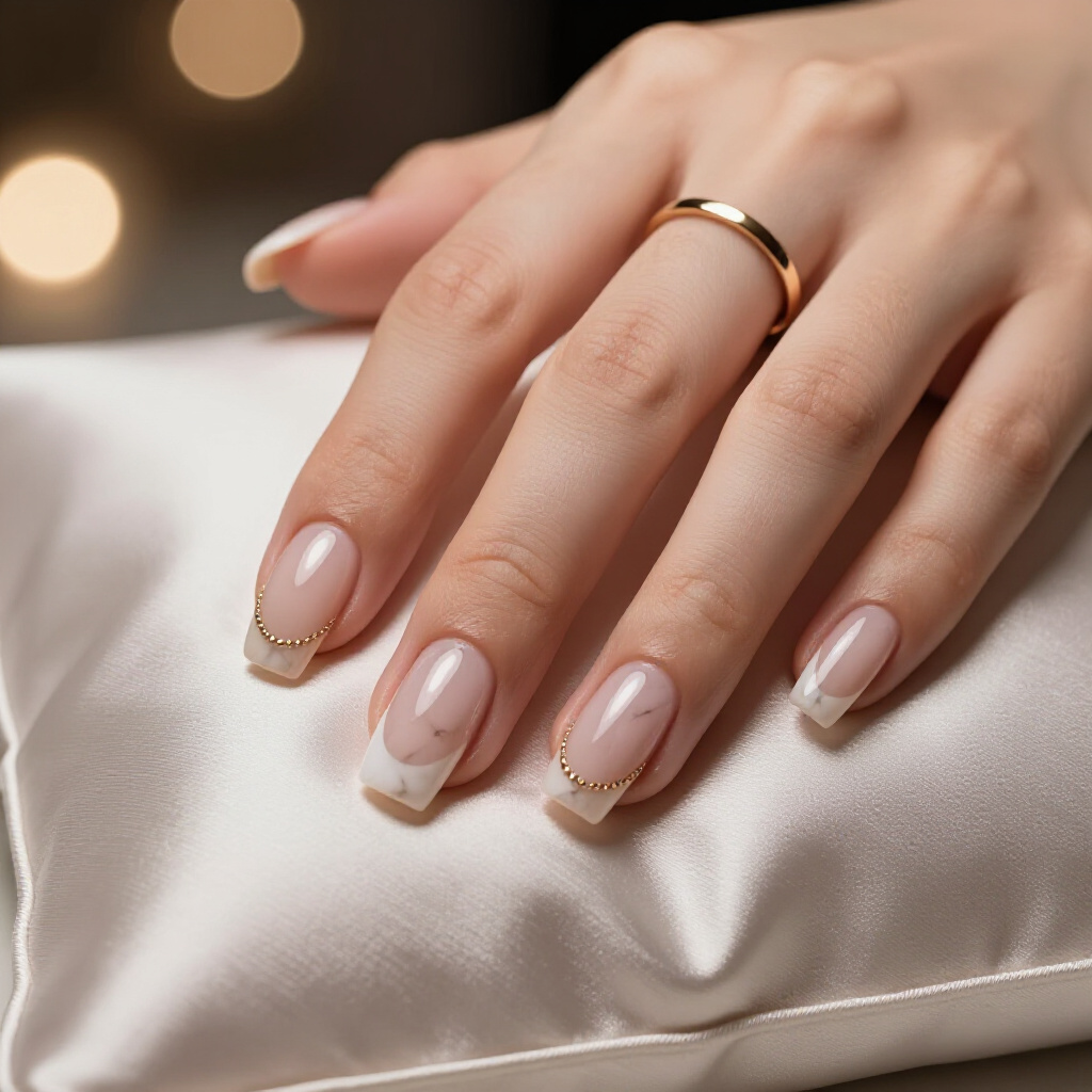 Chic Rose Gold Veining on Milky Nude Short Simple Marble Nails - nude short simple marble nails
