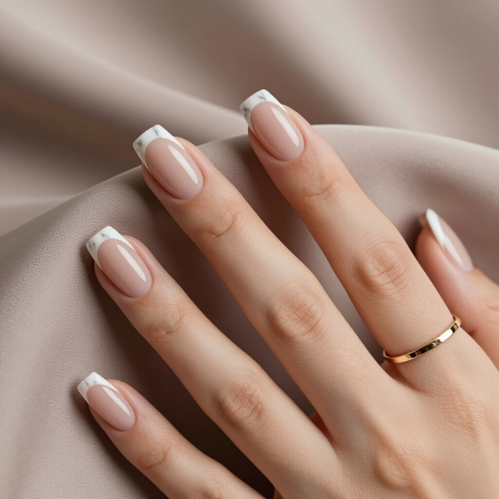 Soft Beige with White Swirls: The Quintessential Nude Short Simple Marble Nail - nude short simple marble nails