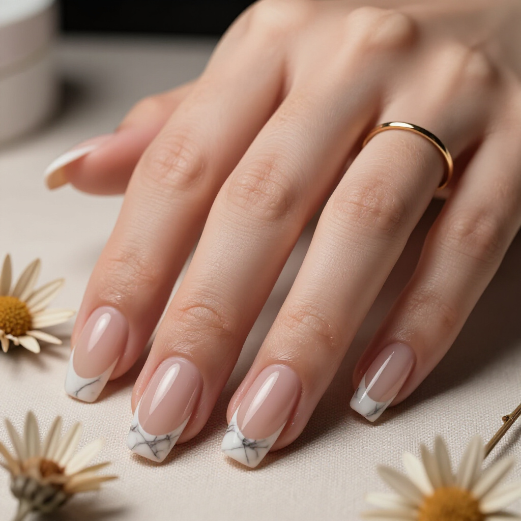 Delicate Gold Flakes Accentuating the Marble on a Warm Nude Base - nude short simple marble nails
