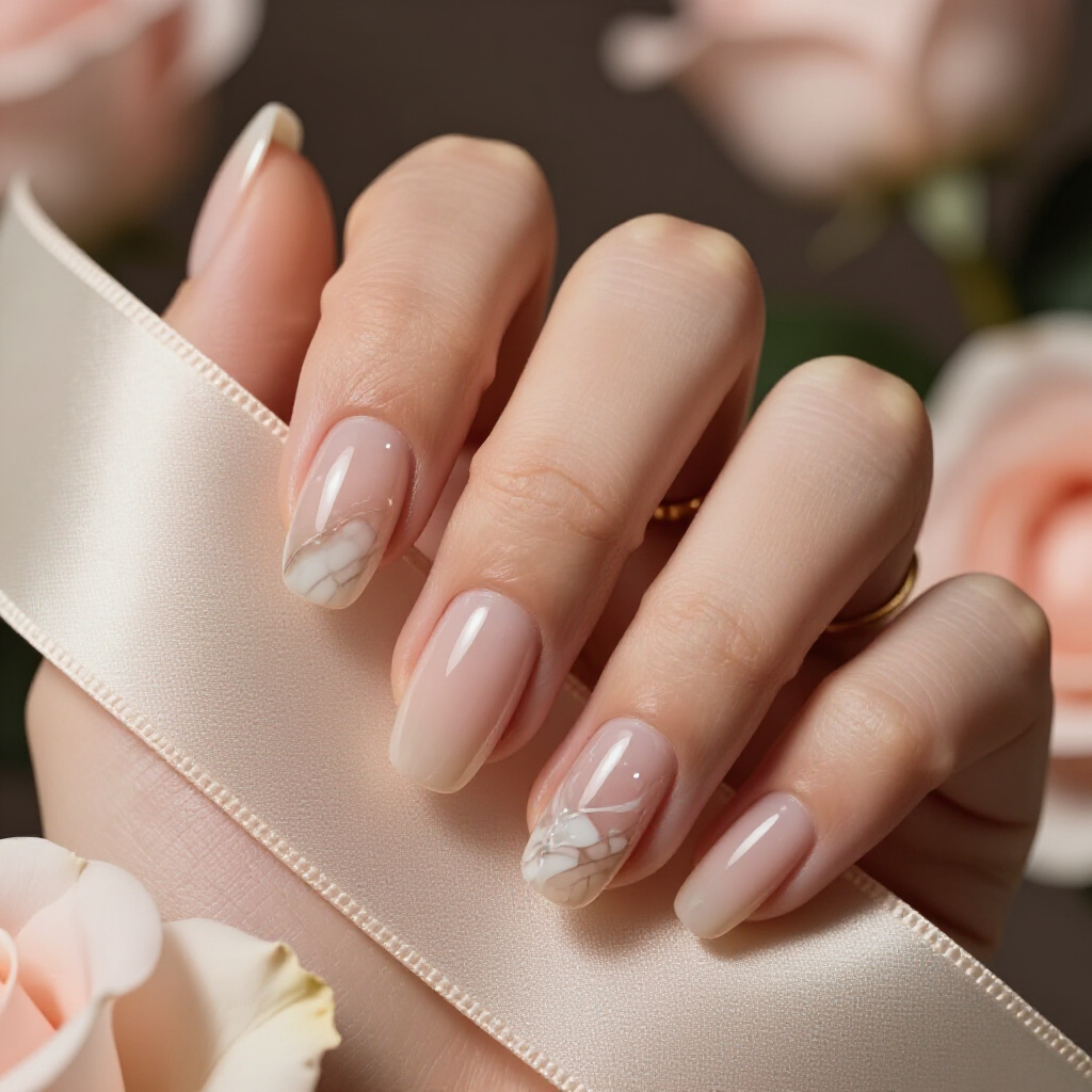 Pearlescent Sheen on Creamy Nude for a Dreamy Marble Effect - nude short simple marble nails