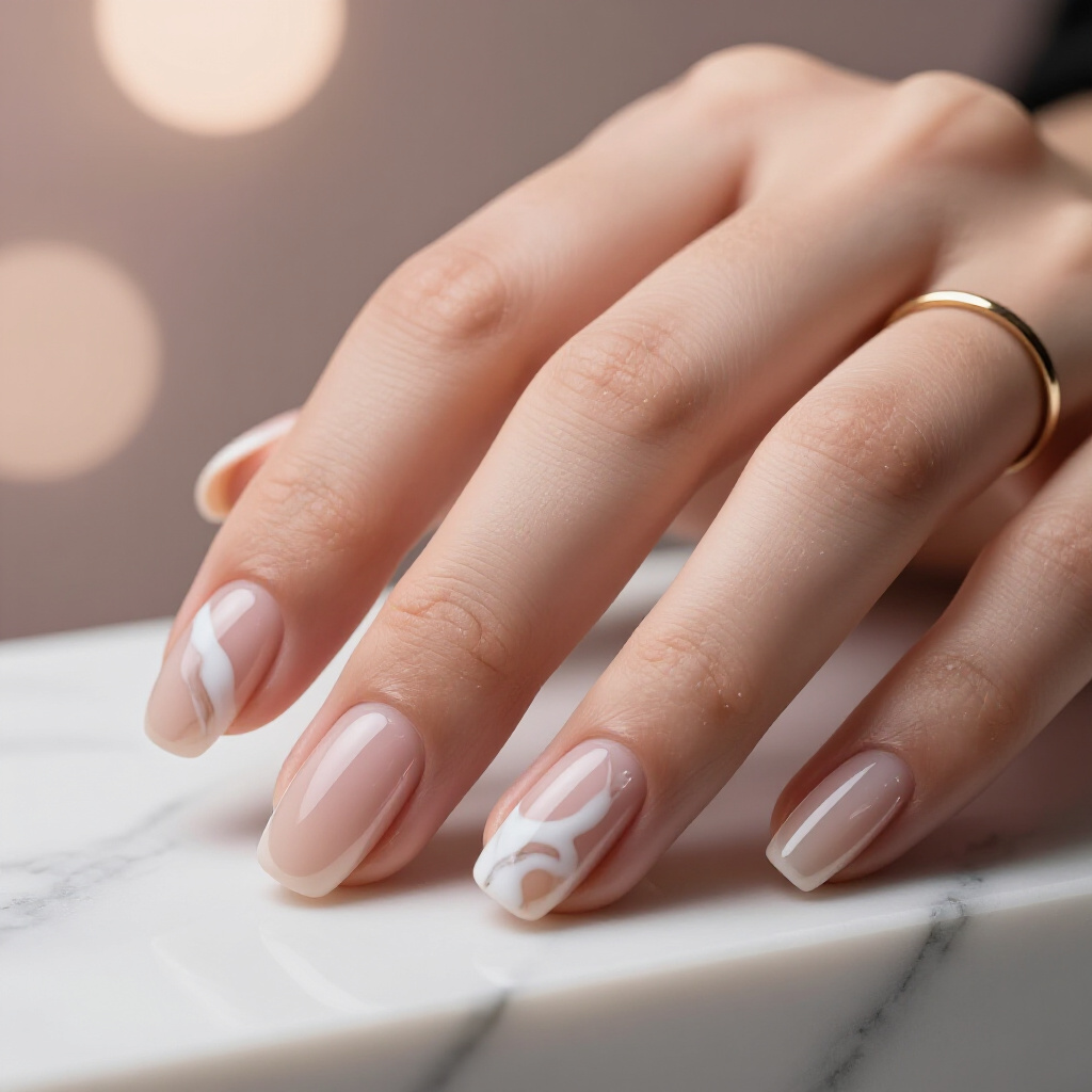 Ombre Transition into Marble: A Gradient Nude Short Simple Marble Nail - nude short simple marble nails