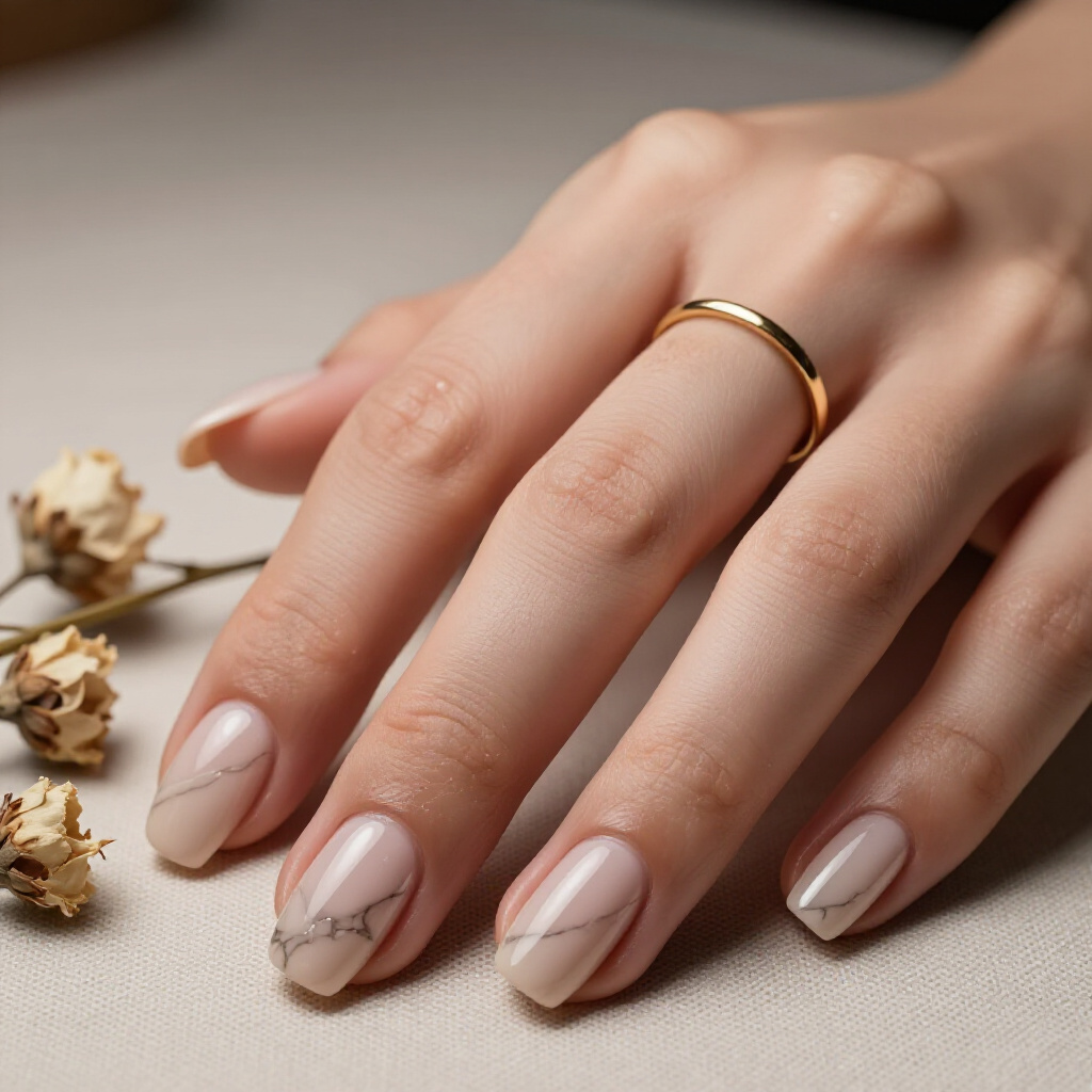 Accent Nail Focus: One Striking Nude Short Simple Marble Nail Among Solids - nude short simple marble nails