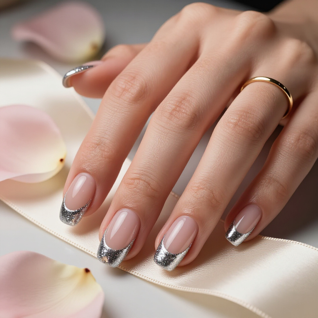 Subtle Champagne Gold Glitter French Tips - short glitter nails
