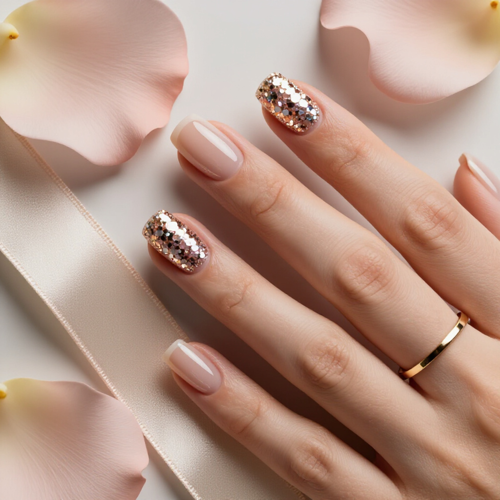 Soft Peach Glitter with a Delicate Holographic Finish - short glitter nails