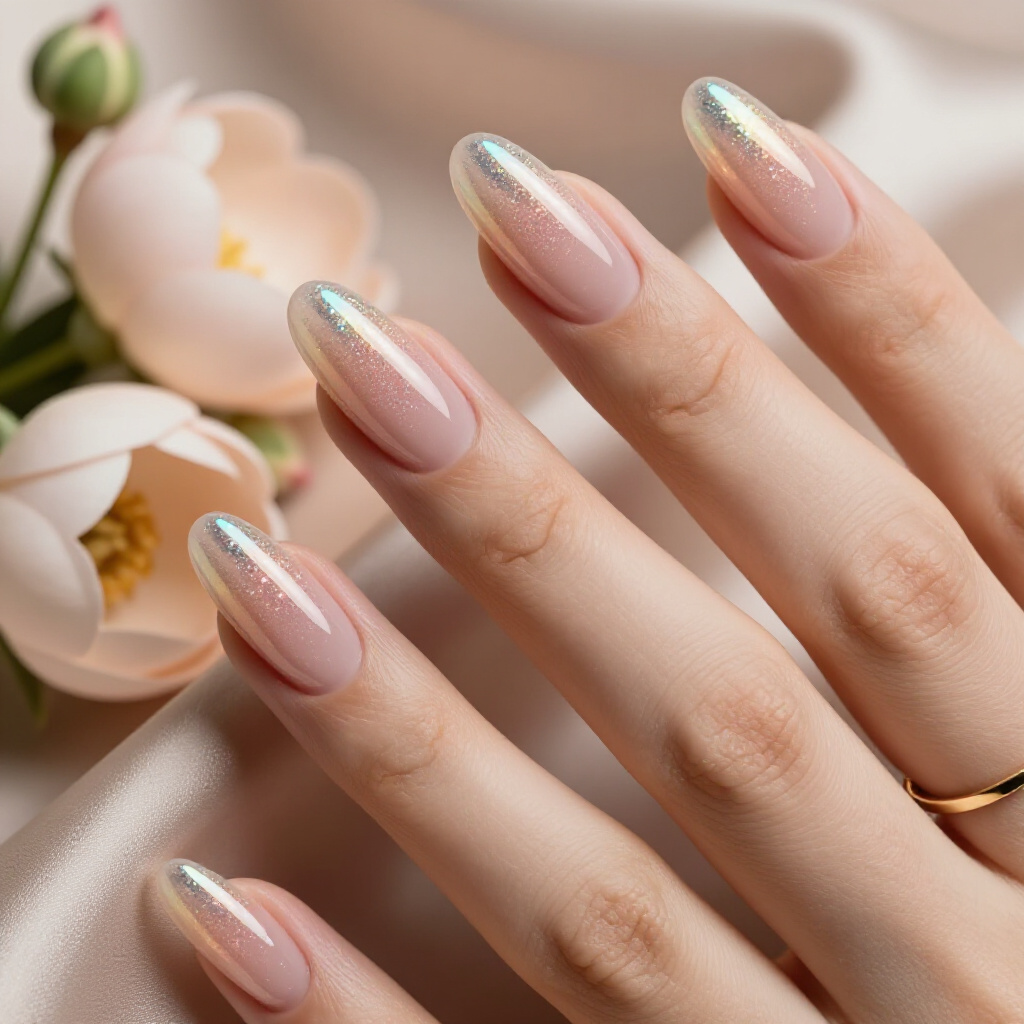 Deep Emerald Green with Gold Flake Almond Glitter Nails - almond glitter nails