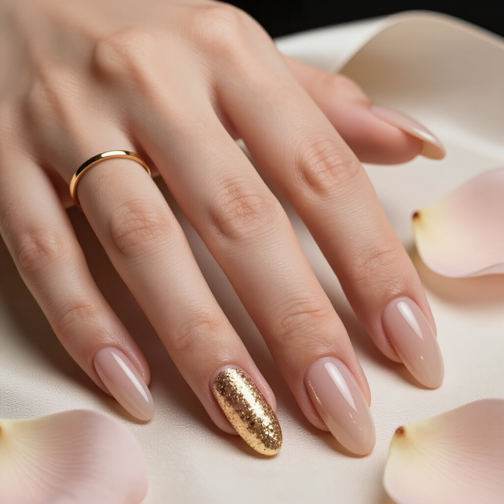 Subtle Nude with Silver Micro Glitter Almond Nails - almond glitter nails