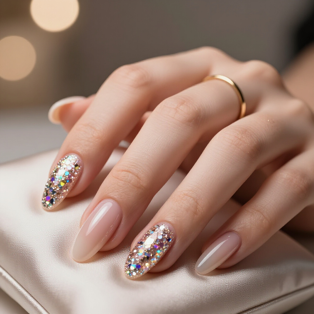 Pearl White and Silver Glitter Swirl Almond Nails - almond glitter nails
