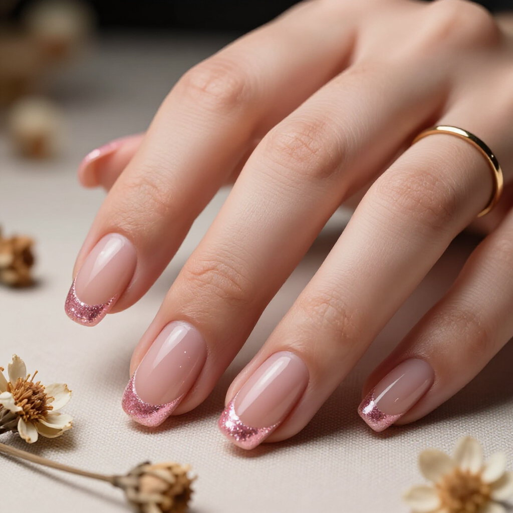 Chic Holographic Pink Glitter Ombre on Short Almond Nails - pink short glitter nails Chic Holographic Pink Glitter Ombre on Short Almond Nails - pink short glitter nails