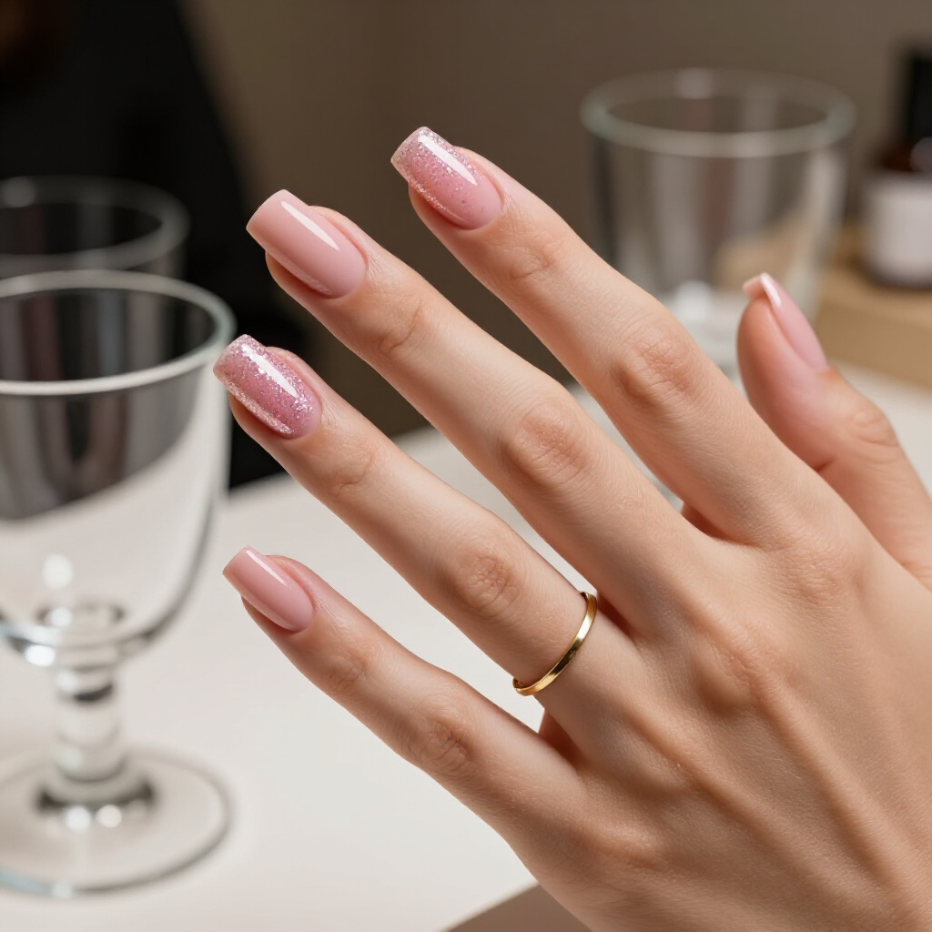 Subtle Rose Gold Glitter Accents on Short Square Pink Nails - pink short glitter nails Subtle Rose Gold Glitter Accents on Short Square Pink Nails - pink short glitter nails