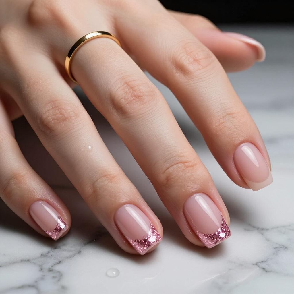 Pastel Pink Glitter Encapsulated Flowers on Short Coffin Nails - pink short glitter nails Pastel Pink Glitter Encapsulated Flowers on Short Coffin Nails - pink short glitter nails