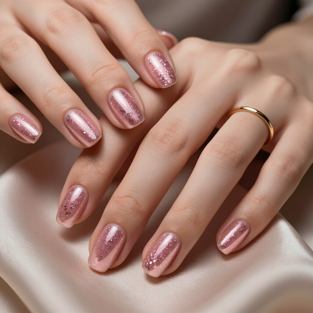 Classic Baby Pink with Silver Glitter Sparkle on Short Oval Nails - pink short glitter nails Classic Baby Pink with Silver Glitter Sparkle on Short Oval Nails - pink short glitter nails