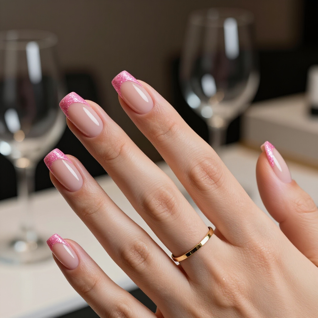 Strawberry Pink Glitter Half-Moon Manicure on Short Squoval Nails - pink short glitter nails Strawberry Pink Glitter Half-Moon Manicure on Short Squoval Nails - pink short glitter nails
