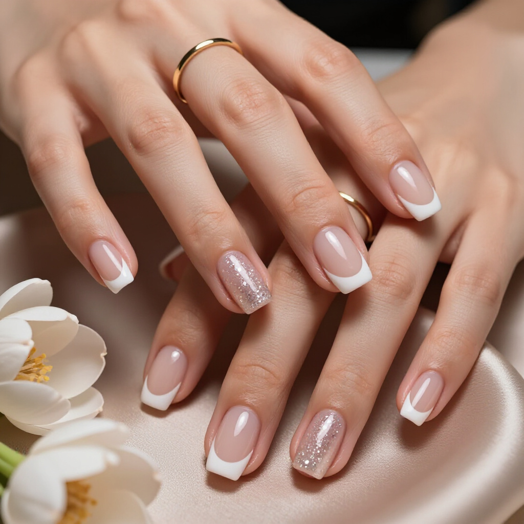 Dazzling White French Tip Nails with Micro Glitter Accent - white short glitter nails
