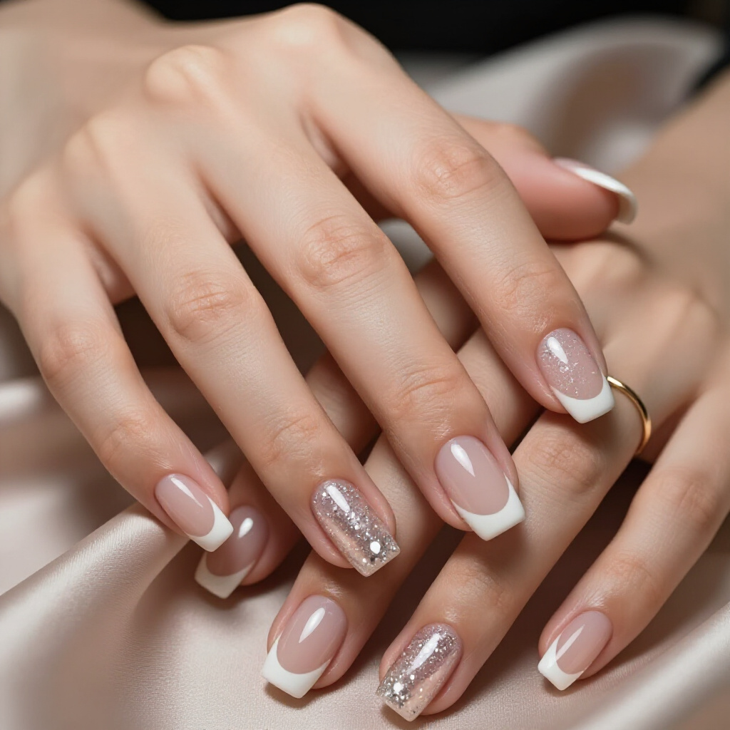 Pure White Gel Polish with Chunky Silver Glitter Accents - white short glitter nails