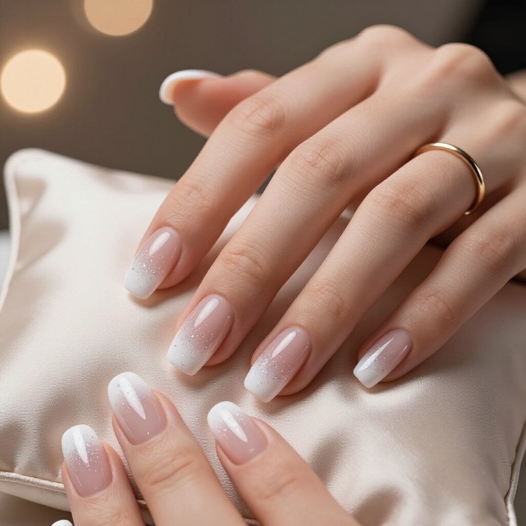 Matte White Nails with a Sparkling Glitter Ombré - white short glitter nails