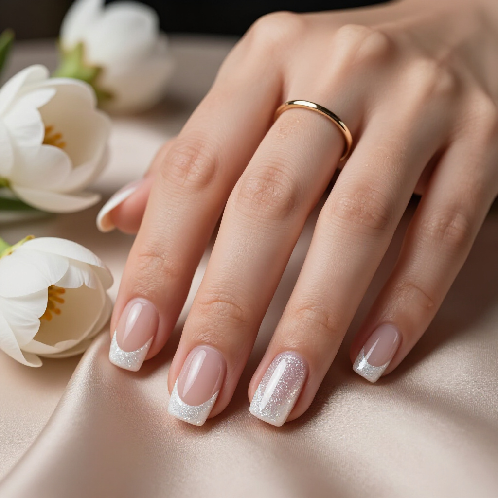 Pearlescent White with Holographic Glitter Flakes - white short glitter nails