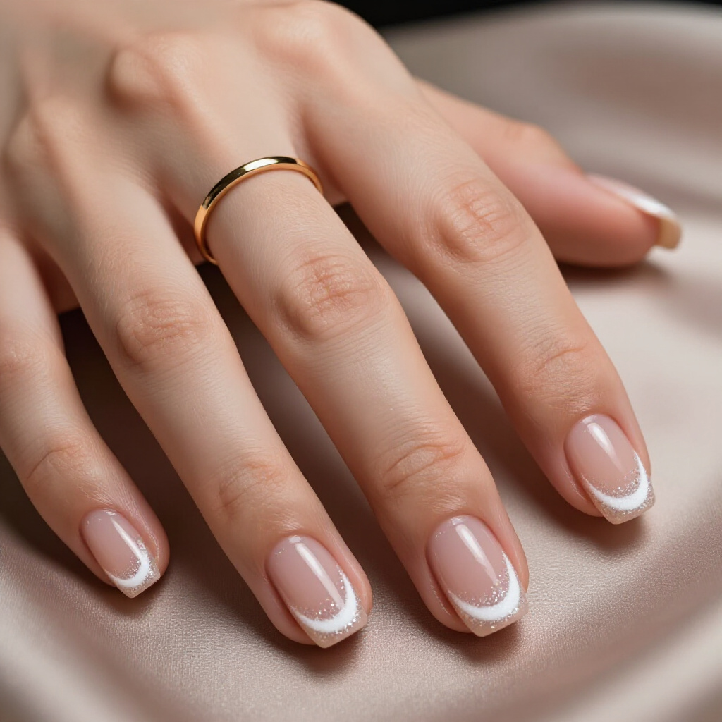 Bright White with Silver Glitter Geometric Shapes - white short glitter nails