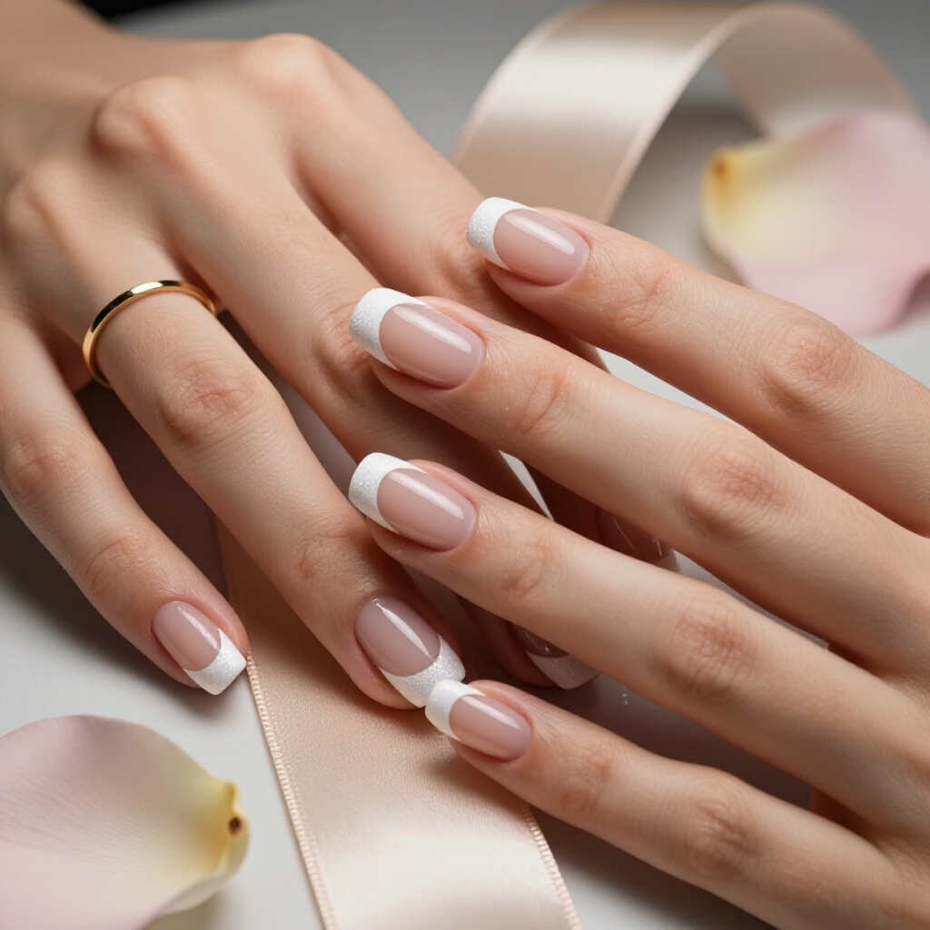 Creamy White with Rose Gold Glitter Accents - white short glitter nails
