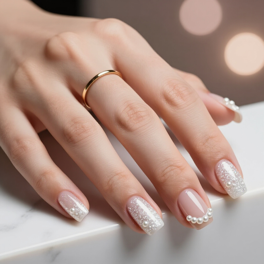 Delicate White Lace Pattern with Subtle Glitter Dust - white short glitter nails