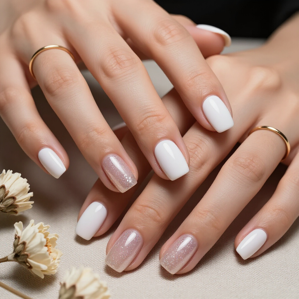 Chic White Base with Full Blue Glitter Accent - white short glitter nails