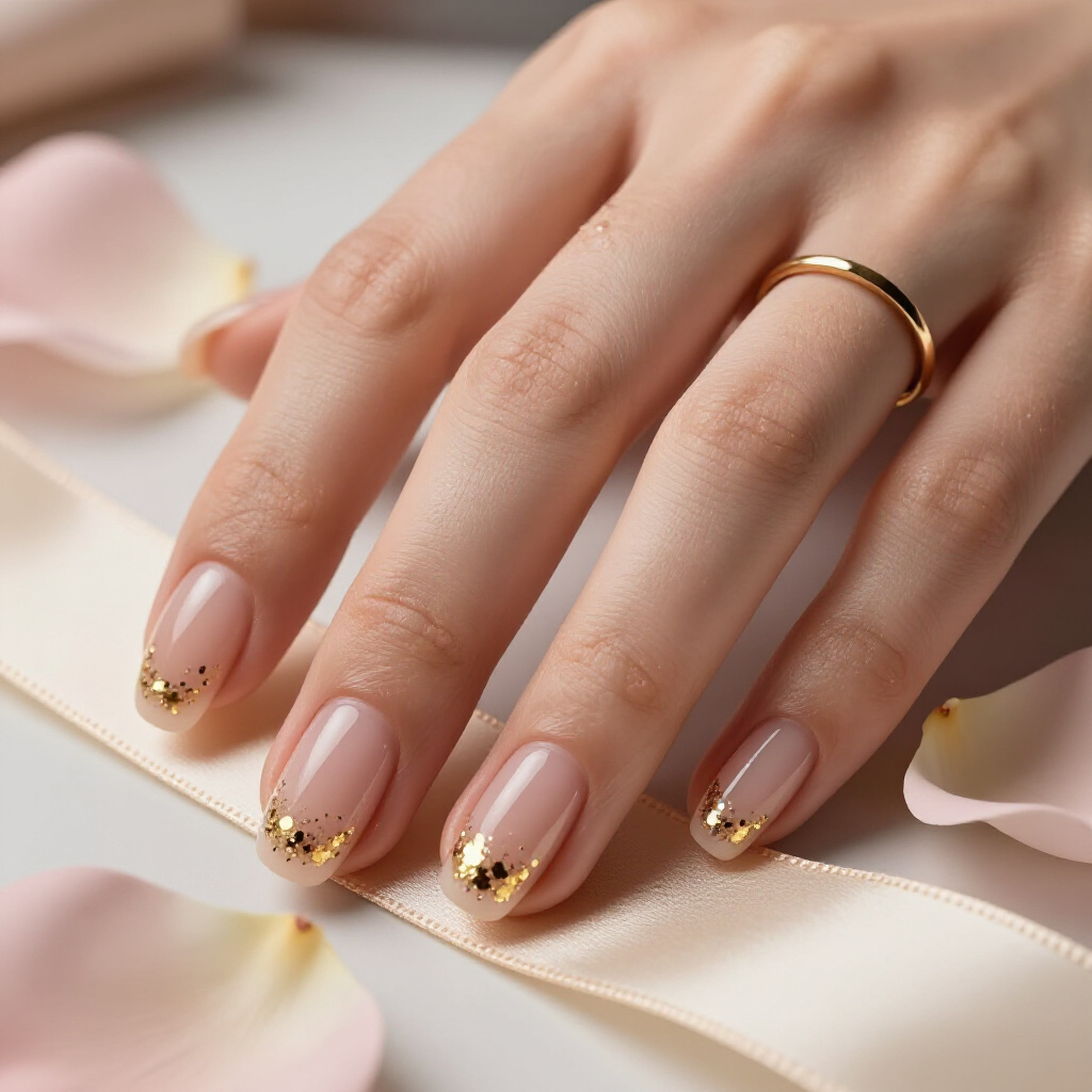 Cosmic Dust: Iridescent Micro-Glitter Overlay on a Soft Milky Nude Base - nude short glitter nails