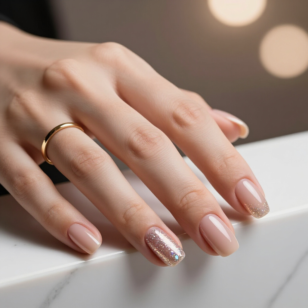 Champagne Pop: Subtle Gold Glitter Accents on Warm Beige Nude - nude short glitter nails