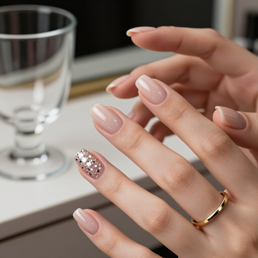 Rose Gold Radiance: Blush Nude with Delicate Rose Gold Glitter Flecks - nude short glitter nails