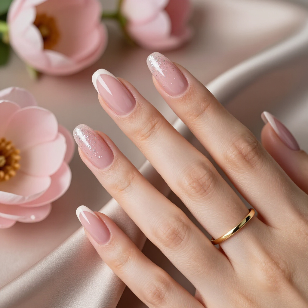 Muted Mauve Magic: Soft Purple-Toned Nude with Silver Glitter Accents - nude short glitter nails