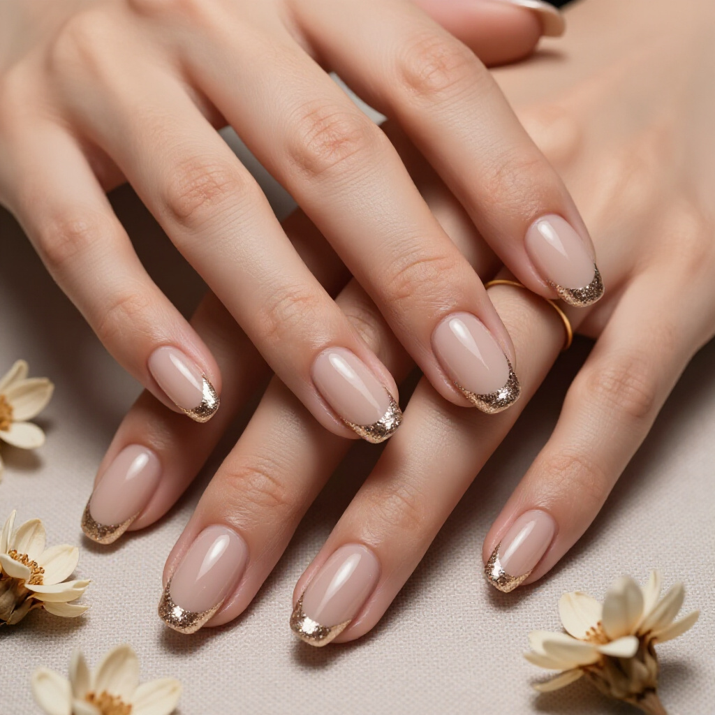 Creamy Dream: All-Over Subtle Shimmer Glitter on a Soft Ivory Nude - nude short glitter nails