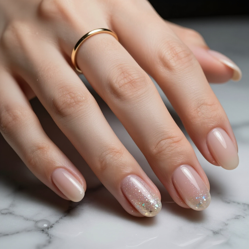 French Tip Sparkle: Classic Nude Base with Glittered French Tips - nude short glitter nails