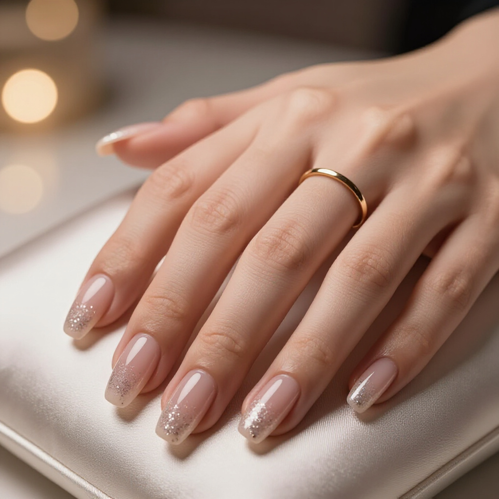 Gradient Glow: Seamless Blend of Nude Tones with Scattered Glitter - nude short glitter nails