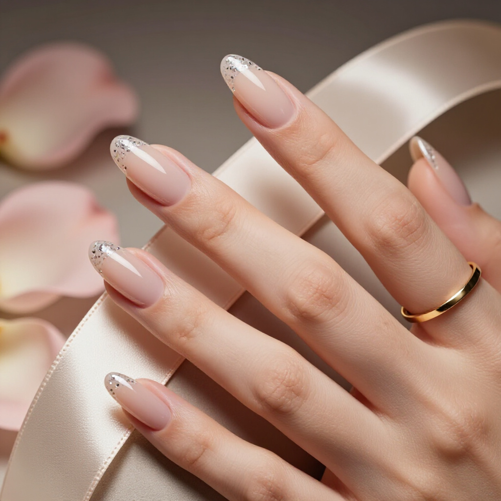 Minimalist Sparkle: One Accent Nail with Bold Glitter on Nude - nude short glitter nails