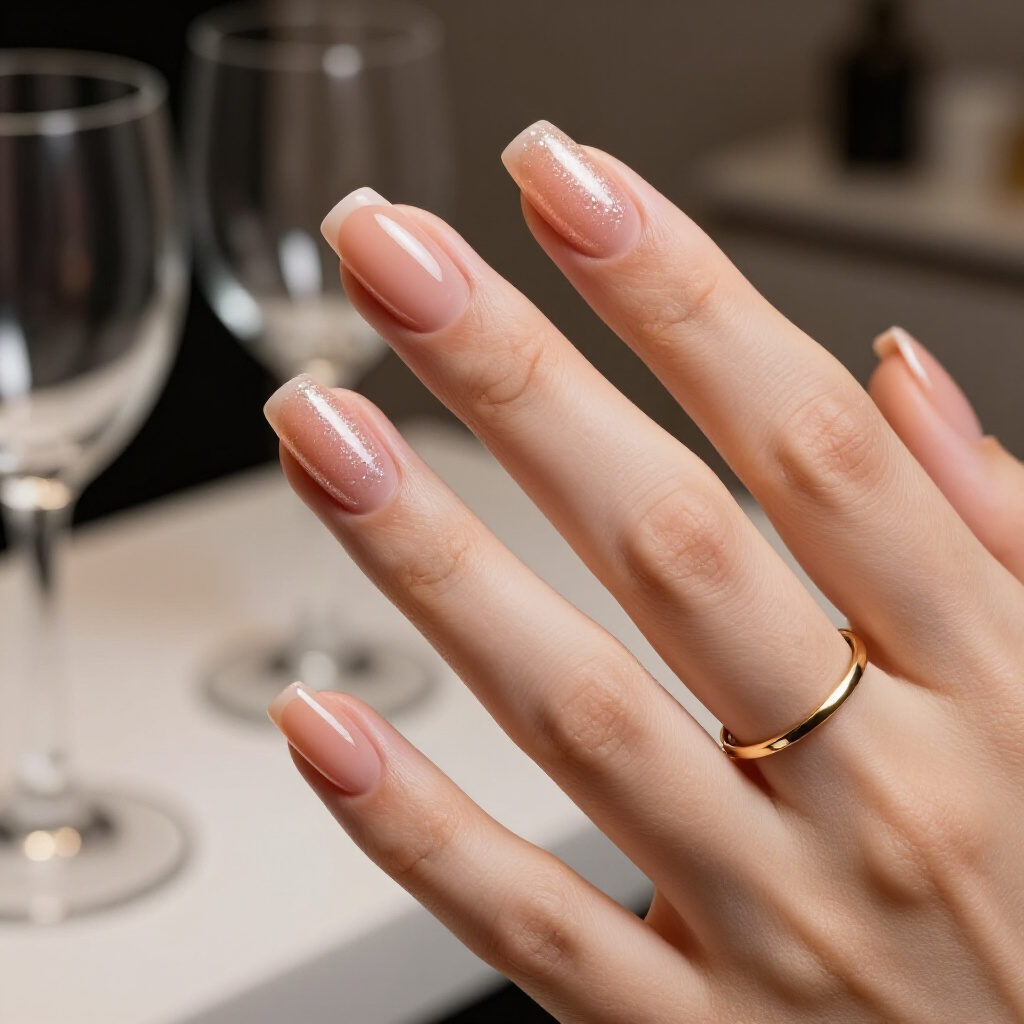 Geometric Glitz: Nude Base with Glitter Accented Geometric Shapes - nude short glitter nails