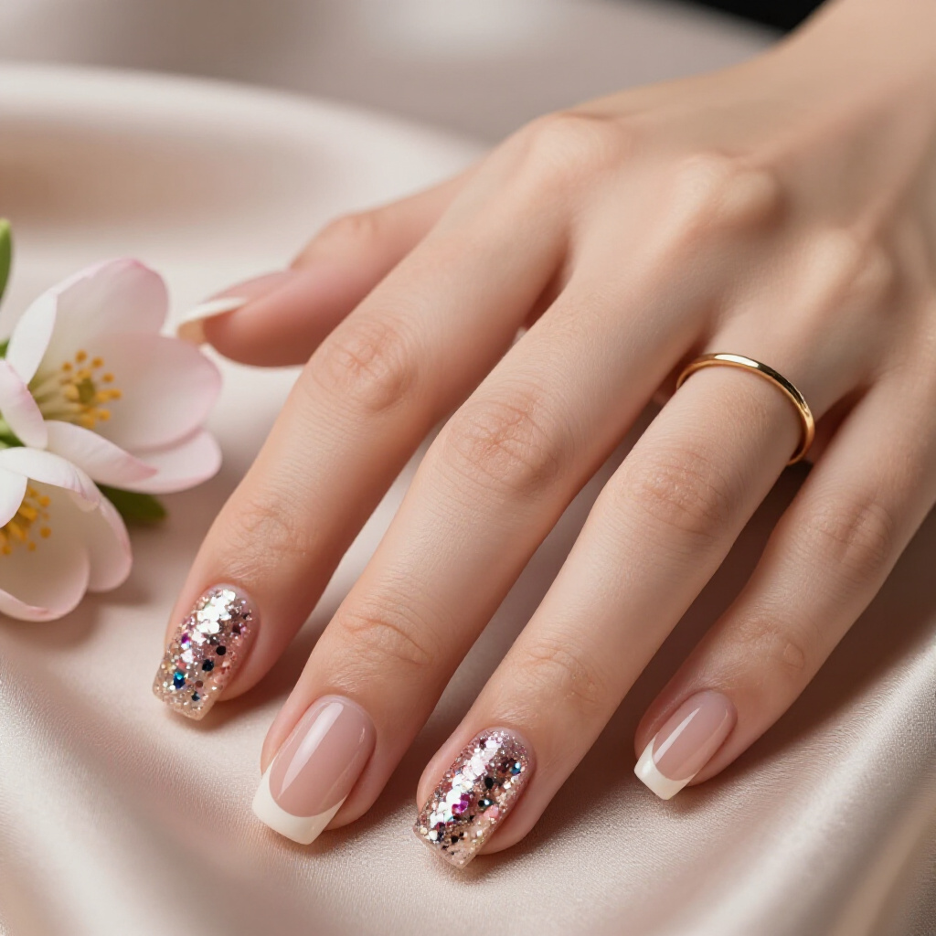 Duo-Chrome Delight: Nude with Shifting Duo-Chrome Glitter - nude short glitter nails