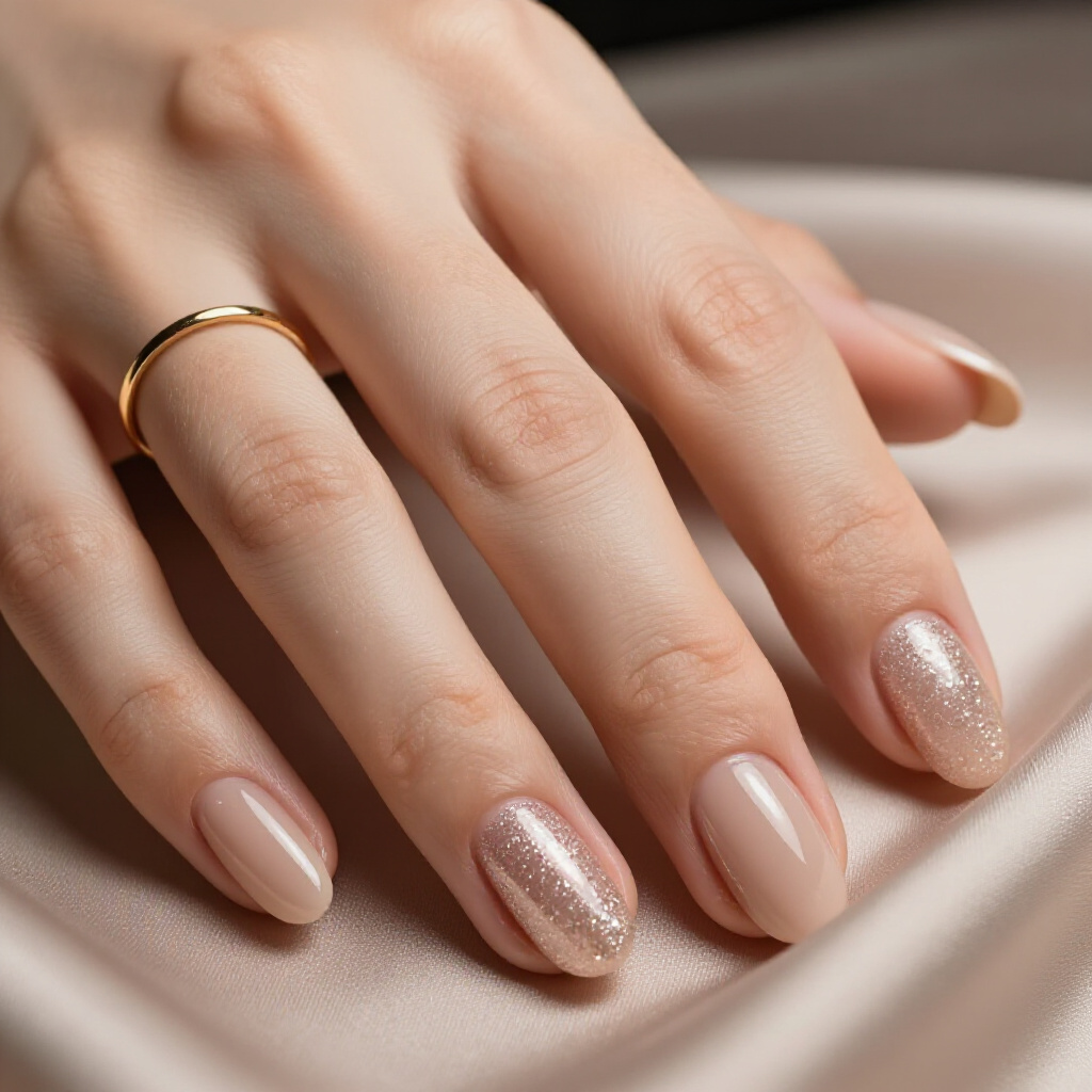 Allure of the Ombre: Softly Blended Glitter and Nude Transition - nude short glitter nails
