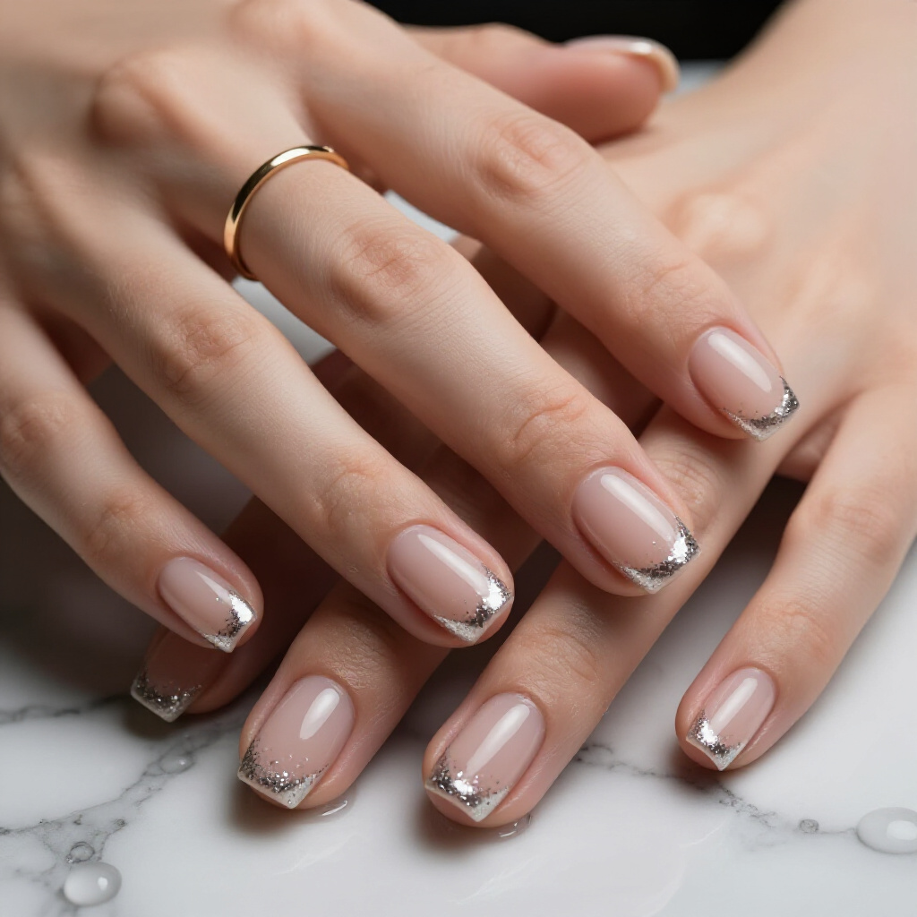 Subtle Sparkle Studs: Nude Base with Tiny Glitter Embellishments - nude short glitter nails