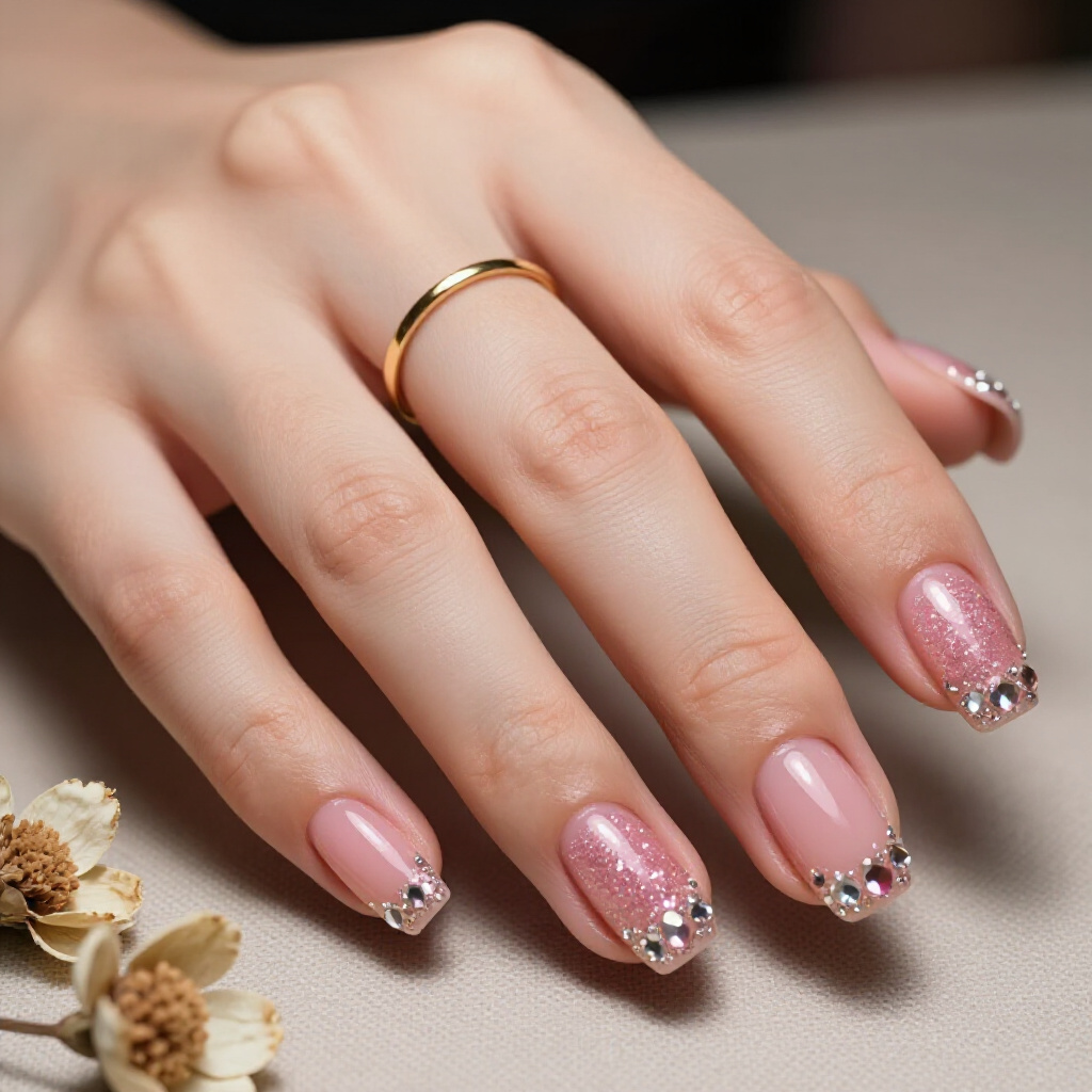 Sheer Pink with Holographic Glitter Overlay for Subtle Sparkle - pink short classy glitter nails Sheer Pink with Holographic Glitter Overlay for Subtle Sparkle - pink short classy glitter nails