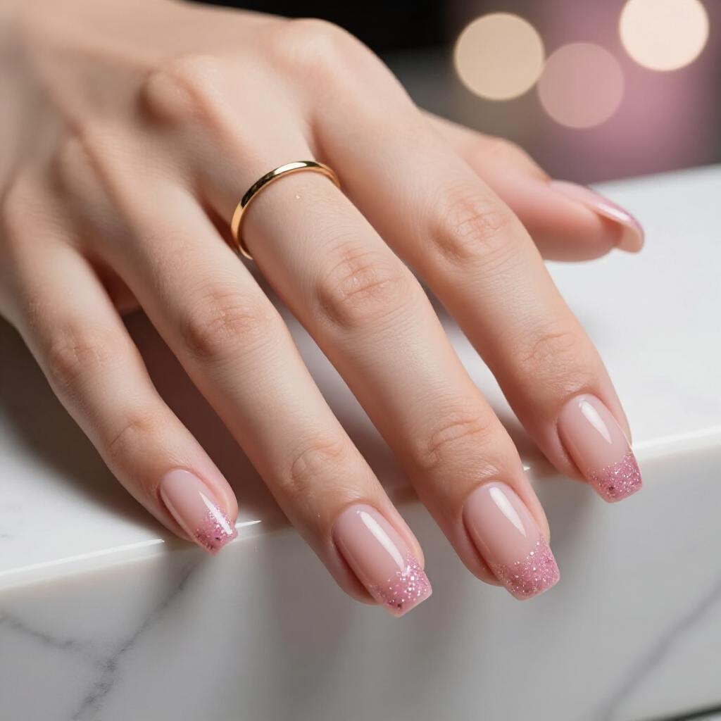 Soft Pink French Tips with Glitter Edging for a Modern Classic - pink short classy glitter nails Soft Pink French Tips with Glitter Edging for a Modern Classic - pink short classy glitter nails