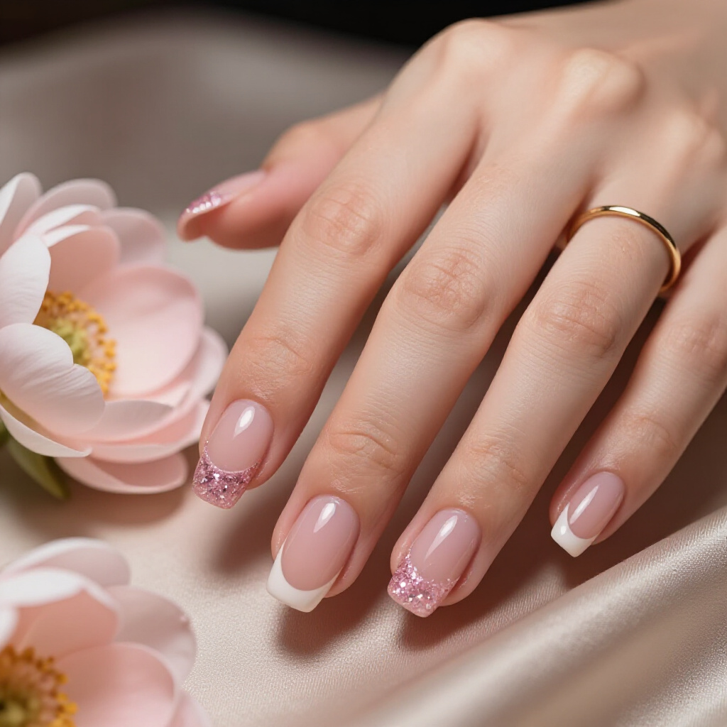 Blush Pink with Chrome Glitter Dust for a Subtle Mirror Shine - pink short classy glitter nails Blush Pink with Chrome Glitter Dust for a Subtle Mirror Shine - pink short classy glitter nails