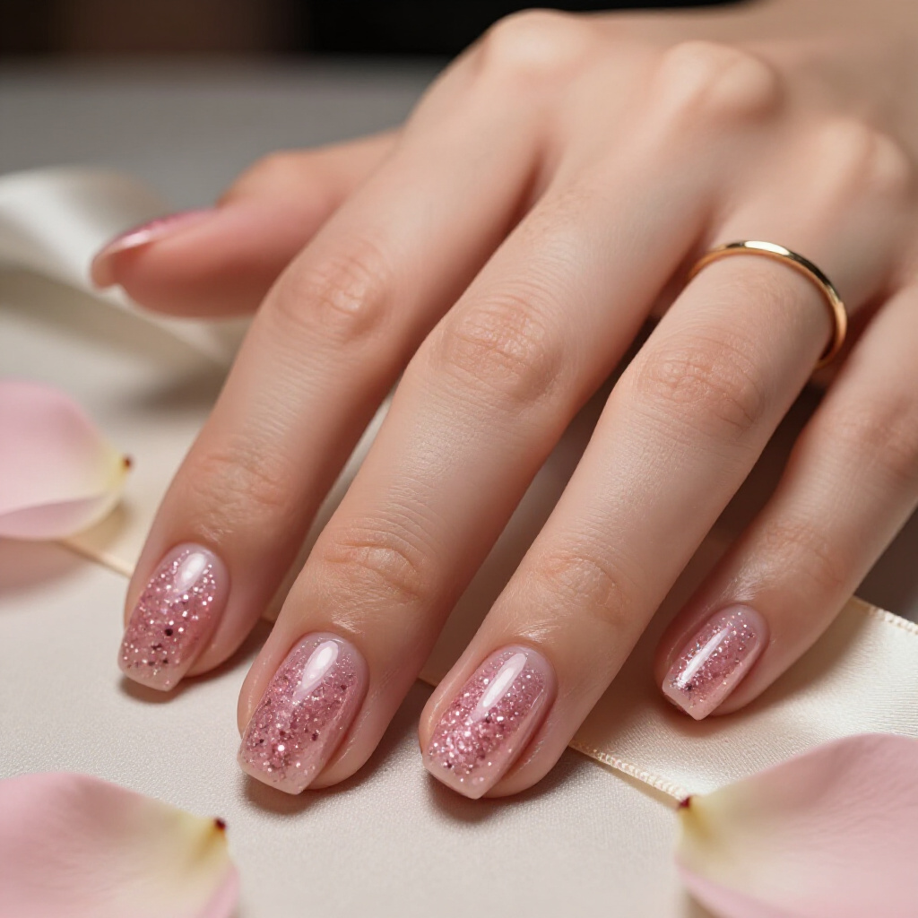 Creamy Pink with Gold Flake Glitter for a Luxurious Touch - pink short classy glitter nails Creamy Pink with Gold Flake Glitter for a Luxurious Touch - pink short classy glitter nails